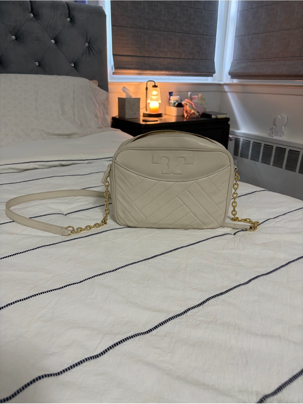 Tory Burch Cream Quilted Leather Camera Crossbody Bag